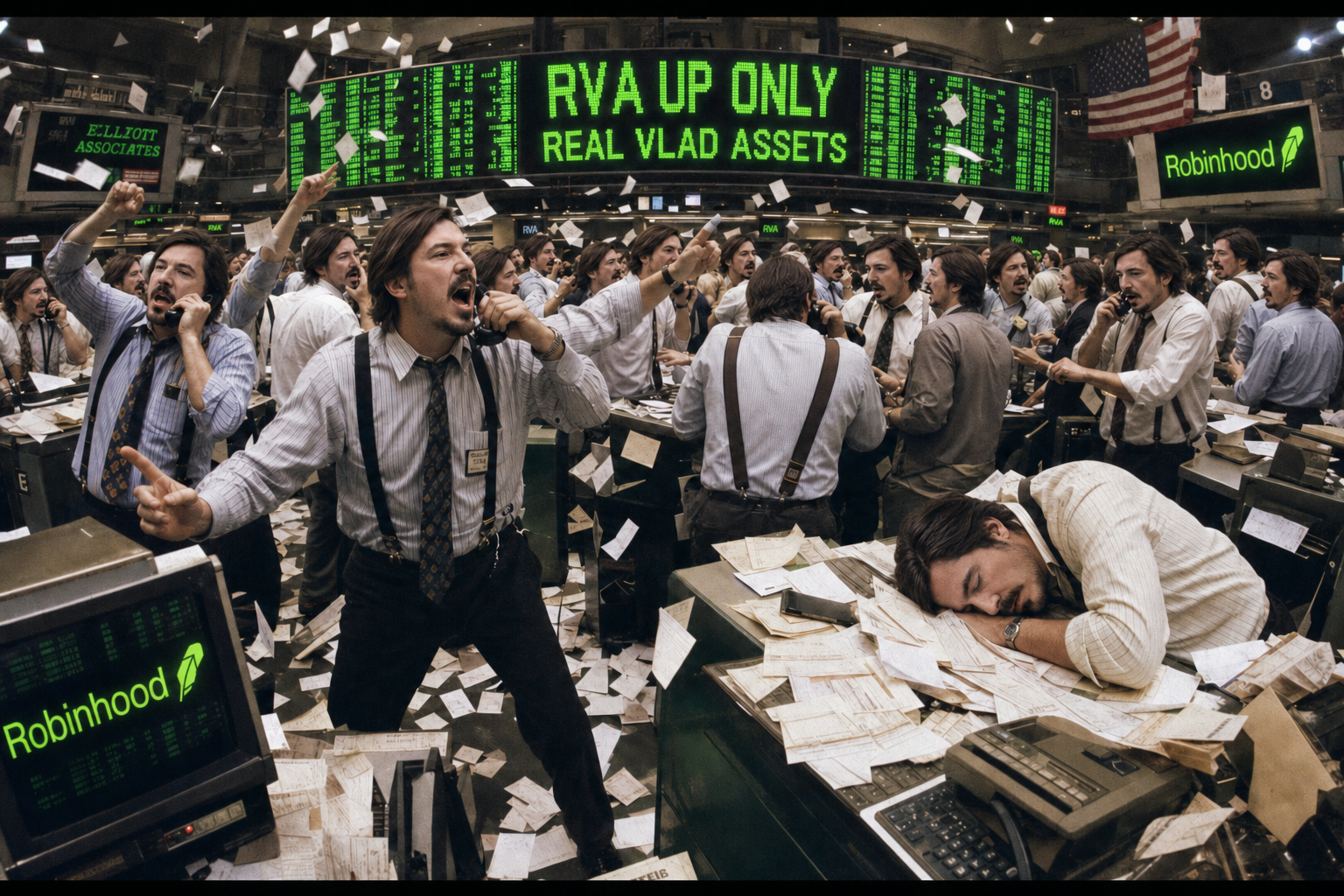 Trading floor with RVA UP ONLY on the board